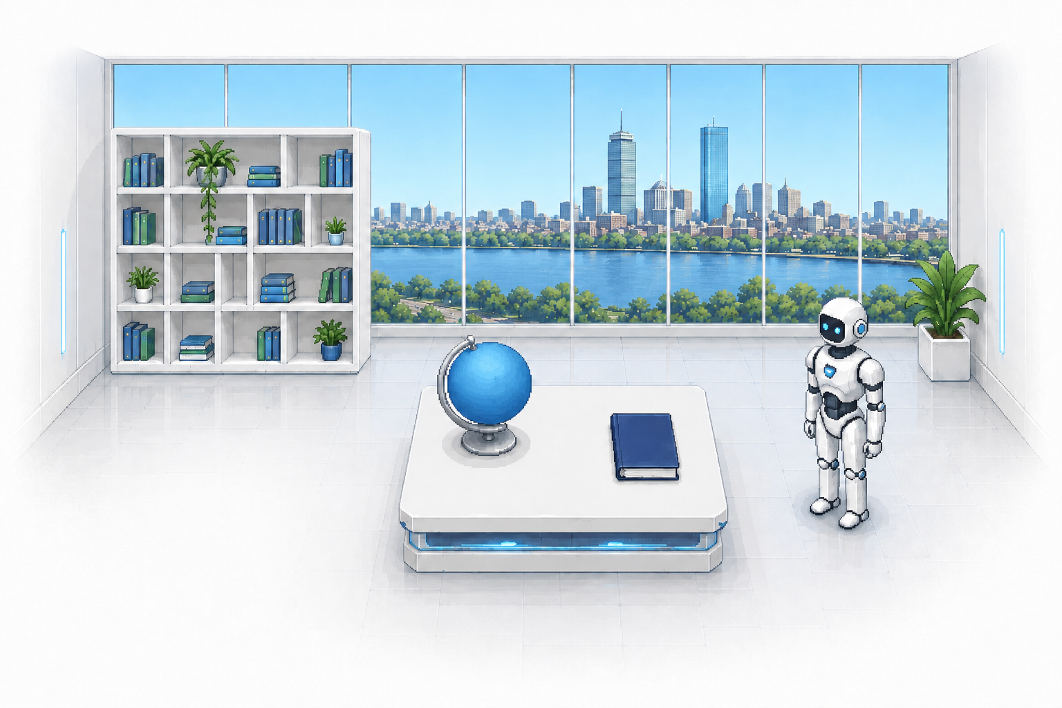 A modern white pixel-art research lab with a bookshelf, globe, CV notebook, news magazine, robot, and panoramic windows overlooking the Charles River and Boston skyline.